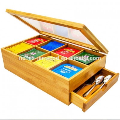 Natural bamboo wooden custom tea gift  storage packaging box with a drawer