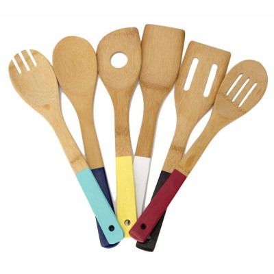 Restaurant kitchen wooden bamboo cooking utensils set with color handle